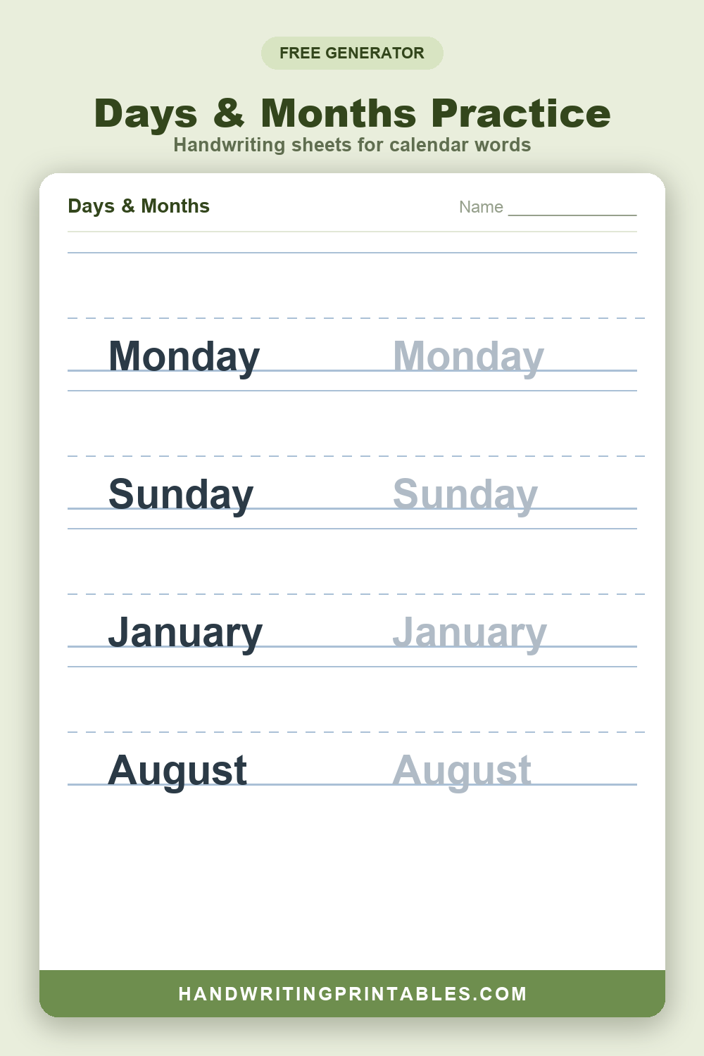 Days and Months Handwriting Worksheets